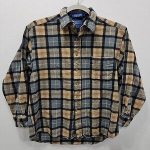 Pendleton USA Youth Large Brown Tan Blue Plaid 100% Virgin Wool Flannel Shirt